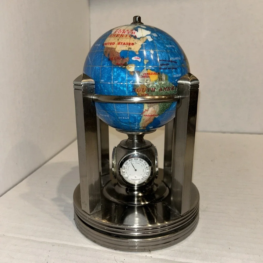 Globe By Alex‎ Kalifano-Chrome Revolving W\ 2 Clocks Thermometer & Hydrometer